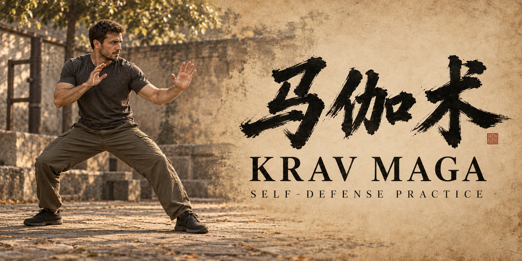 Original Krav Maga illustration with fictional practitioners, Chinese ink calligraphy and English lettering on warm paper.